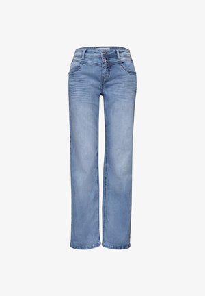 Jean en denim bleu clair avec jambes droites, poches avant, passants pour ceinture et fermeture à double bouton à la taille.