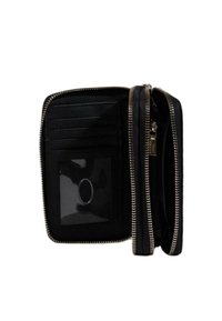 Portefeuille en cuir noir avec fermeture éclair dorée, comportant des emplacements pour cartes, une fenêtre ID transparente et une finition texturée. Design intérieur compact et bien organisé.