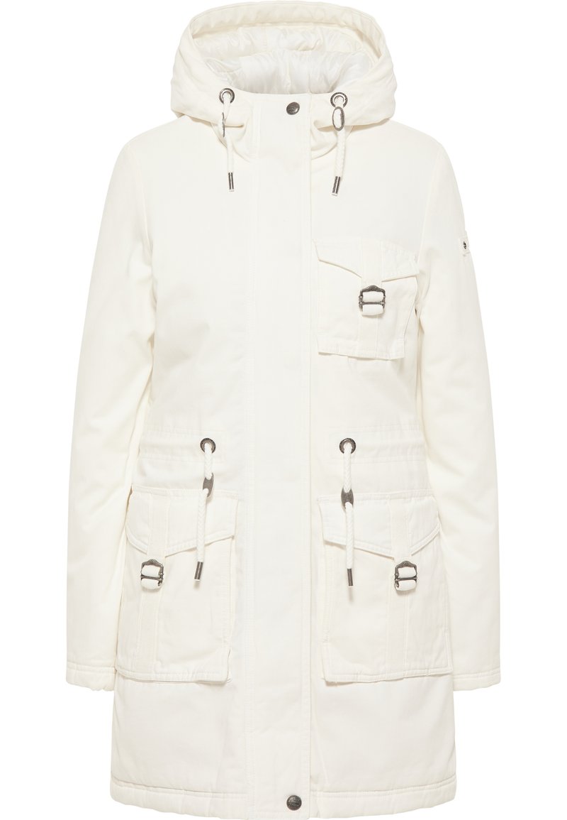 Witte parka-jack met een afneembare capuchon, trekkoord in de taille, twee zakken aan de voorkant met kleppen en zilveren hardware-accenten.
