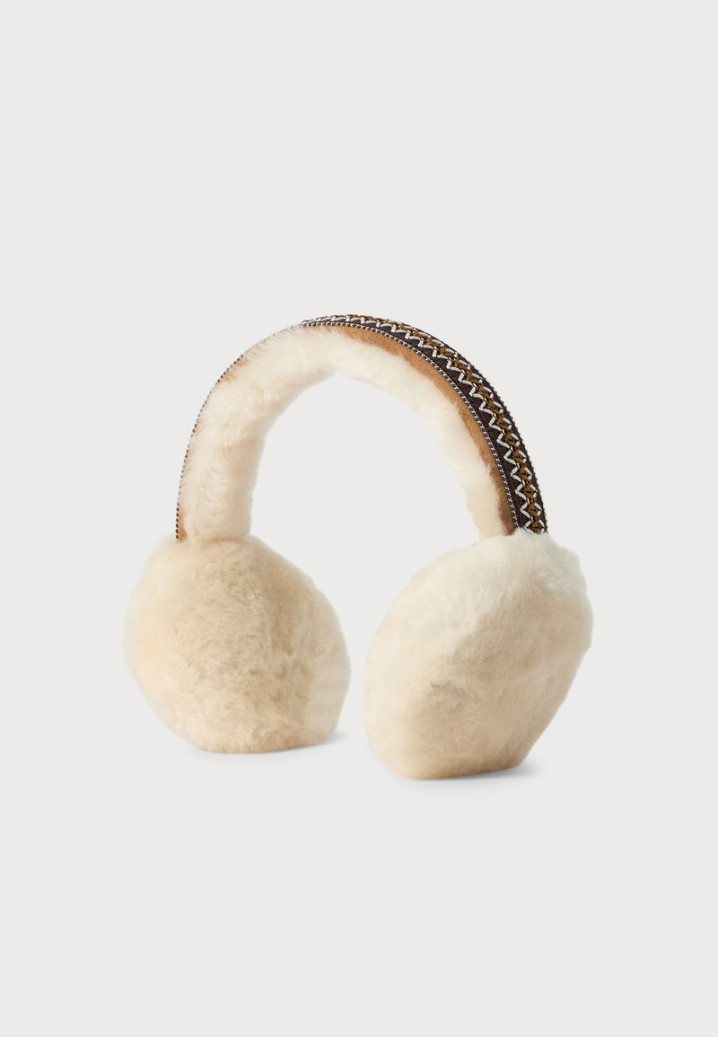 Soft cream-colored fleece earmuffs with a brown patterned fabric headband on a white background.