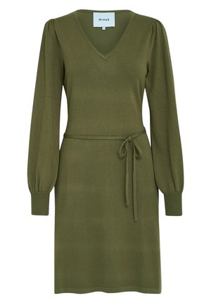 Olivno zeleni pleteni haljina s V-izrezom, dugim napuhanim rukavima i pojasom u struku. Ima opušteni kroj i rebraste rukave.