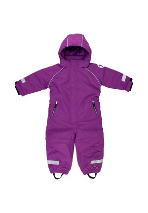 Purple insulated snowsuit with a hood, featuring reflective stripes, zippered pockets, elastic cuffs, and reinforced leg sections.