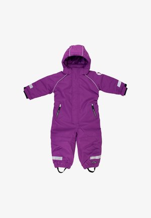 Purple insulated snowsuit with a hood, featuring reflective stripes, zippered pockets, elastic cuffs, and reinforced leg sections.