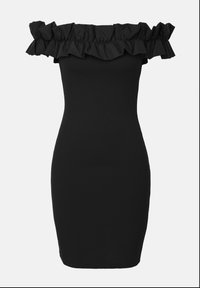 Black bodycon dress with off-the-shoulder ruffled neckline. Made of smooth, stretchy fabric, fitted shape, knee-length design.