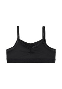 Sort bralette lavet af blødt stof, med en samlet front, justerbare stropper og et glat bånd. Simpelt design uden udsmykninger.