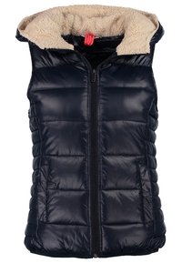 Doudoune sans manches matelassée bleu marine avec fermeture éclair à l'avant et capuche doublée en polaire beige, conçue pour la chaleur.