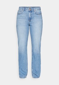 Ljusblå, högmidjade jeans i denim. Har fem fickor, knäppning med knapp och rak passform med subtila blekningar.