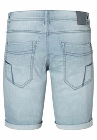 Light blue denim shorts with rolled cuffs, featuring a waistband, two back pockets, and contrast stitching details.