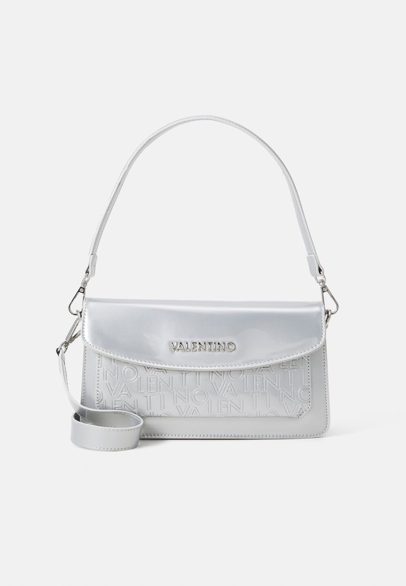 Silver leather handbag with a glossy finish, featuring embossed "Valentino" text, a detachable strap, and a fold-over flap closure.