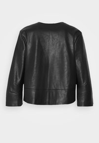 Black faux leather jacket with a cropped design, wide sleeves, smooth texture, and a round neckline. Back view shows minimal detailing.