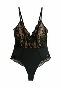 Čierny body s čipkovými detailmi, s hlbokým V-výstrihom, nastaviteľnými ramienkami a priliehavým spodným dielom s kvetinovými čipkovými akcentmi.