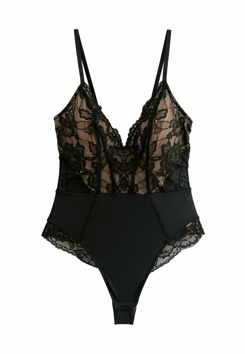 Čierny body s čipkovými detailmi, s hlbokým V-výstrihom, nastaviteľnými ramienkami a priliehavým spodným dielom s kvetinovými čipkovými akcentmi.