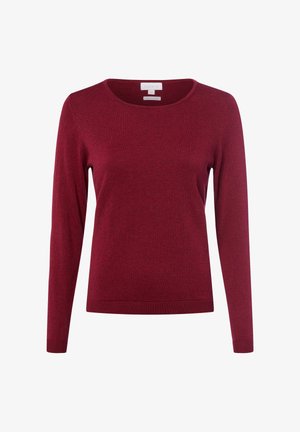 Burgunderfarbener Pullover mit langen Ärmeln und Rundhalsausschnitt, aus weichem Strickstoff, mit gerippten Bündchen und Saum, minimalistischem Design.