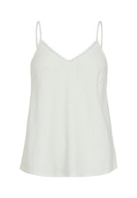 Witte cami met dunne bandjes, een V-hals en geschulpte randen, gemaakt van textuurstof met subtiele perforaties.
