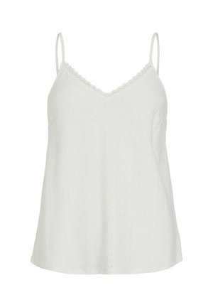 Valge kampsun õhukeste rihmadega, V-kaelusega ja lainelise servaga, valmistatud tekstureeritud kangast, millel on peened augukesed.