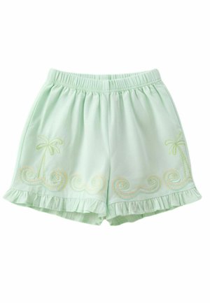 Lysegrønne shorts med elastisk talje, flæsekant og broderede palmer og bølgemønstre langs bundkanterne.