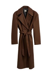 Bruine wollen trenchcoat met een dubbele knoopsluiting aan de voorkant, brede revers, lange mouwen en een strikceintuur in de taille. Heeft een soepele textuur.