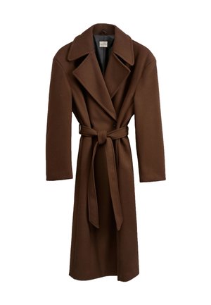 Brauner Woll-Trenchcoat mit doppelter Brust, breiten Revers, langen Ärmeln und einem gebundenen Taillengürtel. Hat eine glatte Textur.
