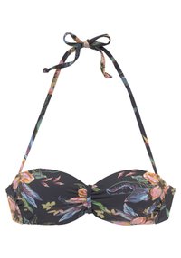 Svart blomstret bikinioverdel med halterneck-design. Har fargerike blomstermønstre, justerbare bånd og en samlet frontdetalj.