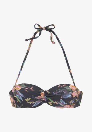 Melna ziedu bikini augšdaļa ar halter kakla dizainu. Iespējas ar krāsainiem ziedu rakstiem, regulējamiem saitēm un sakumpuša priekšējā detaļa.