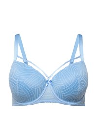 Lichtblauw kant bh met een textuurpatroon, zachte cups en verstelbare satijnen banden die aan de voorkant kruisen met een klein strikje.