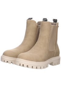 Bottines beige avec une tige en cuir lisse, des panneaux latéraux élastiques et une semelle épaisse blanche, dotées de languettes au talon.