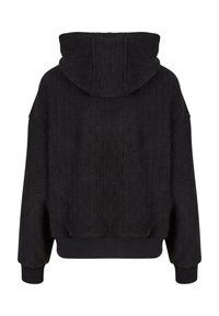 Felpa nera con un motivo a coste texturizzato. Presenta un cappuccio con cordini e polsini elasticizzati, con un design cropped e senza loghi visibili.