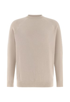 Beige gebreide trui met ronde hals, lange raglanmouwen en geribde kraag, manchetten en zoom, met een gestructureerd mandweefpatroon.