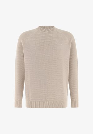 Beige gebreide trui met ronde hals, lange raglanmouwen en geribde kraag, manchetten en zoom, met een gestructureerd mandweefpatroon.