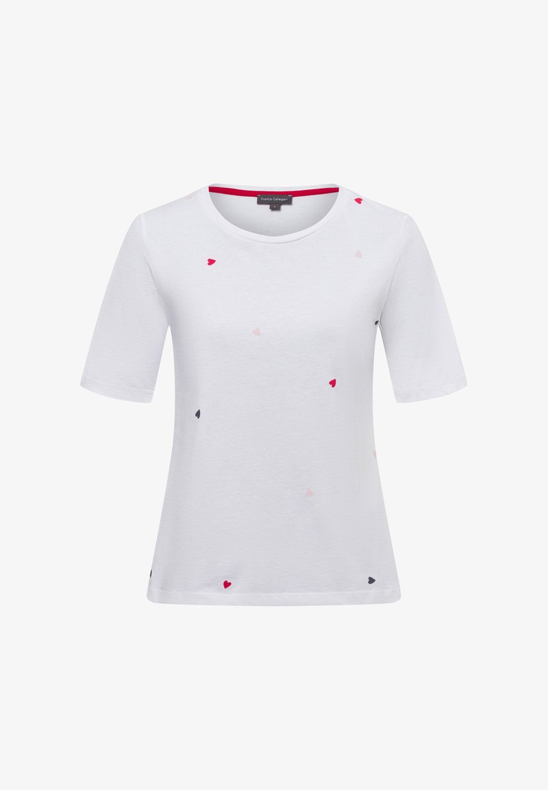 Weißes T-Shirt mit rundem Ausschnitt und kurzen Ärmeln, verziert mit verstreuten kleinen Herzen in Rot, Pink und Schwarz. Weicher Stoff.