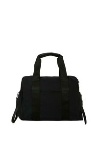 Borsa da viaggio nera realizzata in tessuto resistente, dotata di due manici superiori, una tracolla removibile e una chiusura con zip. Texture liscia, design minimale.