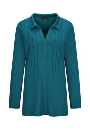 Teal lange mouwen shirt met een kraag, vier knopen en plooidetails aan de voorkant. Glad textuur en een relaxte pasvorm.