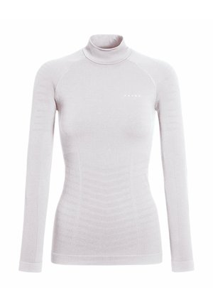 Top dolcevita grigio chiaro con maniche lunghe, texture a coste, design aderente e sottile logo del marchio sul davanti.