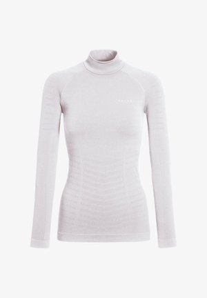 Top dolcevita grigio chiaro con maniche lunghe, texture a coste, design aderente e sottile logo del marchio sul davanti.