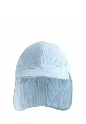 Hellblauer Babysonnenhut mit Nackenschutz, kleiner Sonnen- und Wellenstickerei auf der Vorderseite, strukturiertem Stoff und gestreiftem Innenfutter.