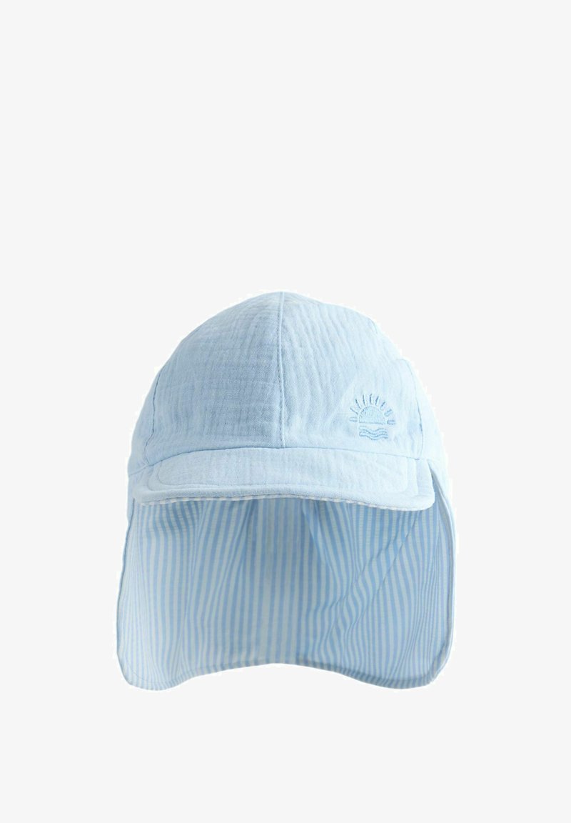 Chapeau de soleil bébé bleu clair avec rabat pour le cou et petite broderie de soleil et vagues à l'avant, tissu texturé et doublure intérieure rayée.