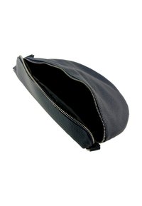 Donkerblauw leren tasje met een gestructureerde afwerking, een zilverkleurige ritssluiting en een open binnenkant, voorzien van een glad stoffen voering.