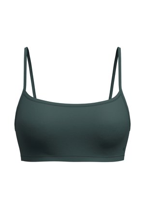 Donkergroene bralette van zachte stof met verstelbare bandjes, een ronde halslijn en naadloze constructie.
