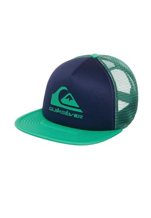 Marineblaues und grünes Mesh-Trucker-Cap mit grünem Quiksilver-Logo und Schriftzug auf der Frontplatte, gebogenem Schirm und grünem Knopf oben.
