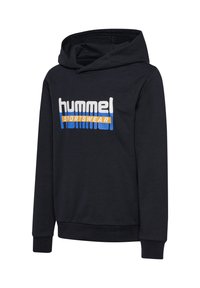 Schwarzer Kapuzenpullover aus weichem Stoff mit einem weißen und blauen "hummel SPORTSWEAR" Logo. Mit langen Ärmeln und geripptem Saum.