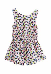 Weißer ärmelloser Overall mit einem verspielten Leopardenmuster in Pink, Blau, Grün und Schwarz, mit einem elastischen Bund und einem gerafften Saum.