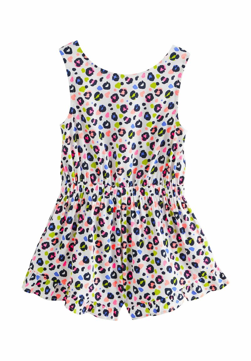 Weißer ärmelloser Overall mit einem verspielten Leopardenmuster in Pink, Blau, Grün und Schwarz, mit einem elastischen Bund und einem gerafften Saum.