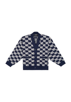Navy blue cardigan featuring a repeating white "WB" pattern, ribbed cuffs, a v-neck, and five buttons down the front. Soft texture.