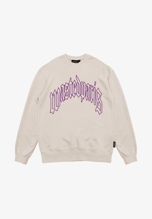 Beige crewneck-sweatshirt med lange ærmer og lilla gotisk "wastedparis"-tekst centreret på forsiden.