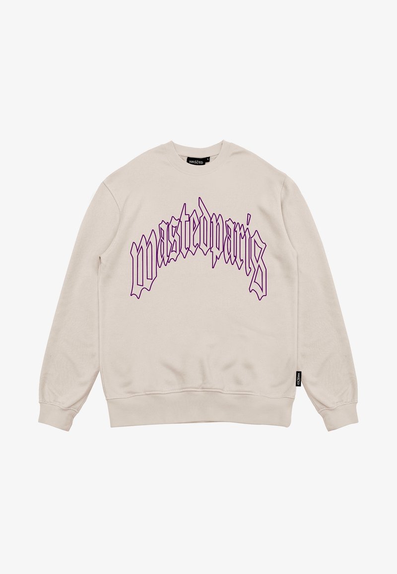 Sweat-shirt beige à col rond avec manches longues et texte gothique violet "wastedparis" centré sur le devant.