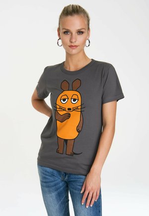 Gray cotton T-shirt featuring an orange cartoon mouse graphic with brown accents, short sleeves, and a round neckline.