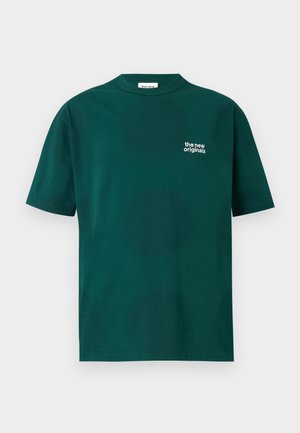Dark green cotton t-shirt with a rounded neckline and short sleeves. Features white text "the new originals" on the left chest area.
