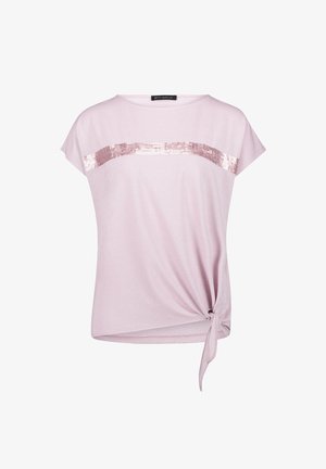 Helles pinkes T-Shirt mit kurzen Ärmeln, seitlicher Knoten-Detail und einem horizontalen, mit Pailletten besetzten Streifen über der Brust. Glatter Stoff mit lockerer Passform.