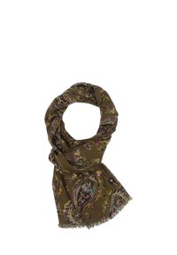Sciarpa marrone con motivo paisley, caratterizzata da accentuazioni floreali in rosa e giallo. Realizzata in tessuto morbido con bordi sfrangiati.