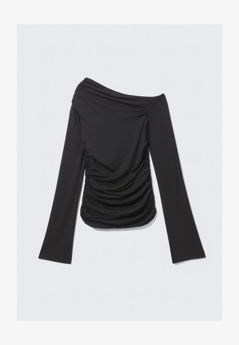 Haut noir à manches longues avec un design épaules dénudées. Présente des détails froncés à l'avant et un tissu lisse et extensible.